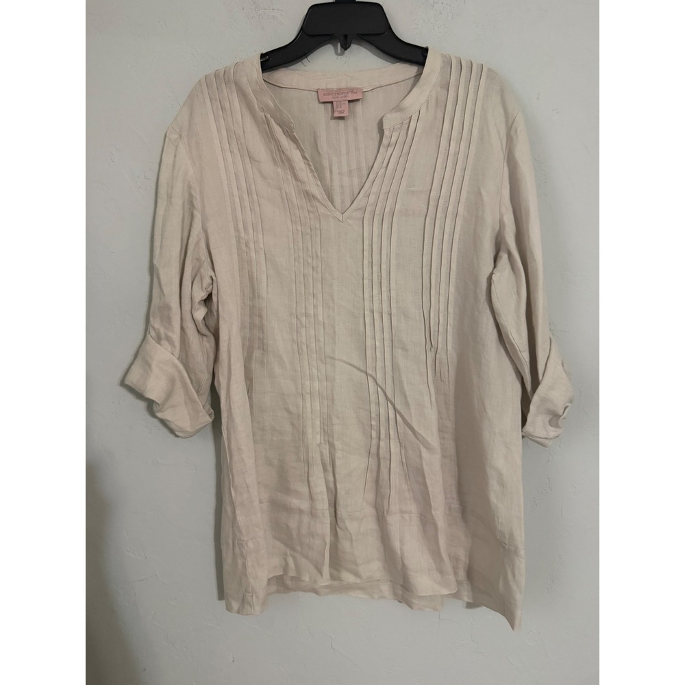 Saint Tropez West 100% Linen Pintuck Tunic Blouse Beige XL 3/4 Roll Tab Sleeve